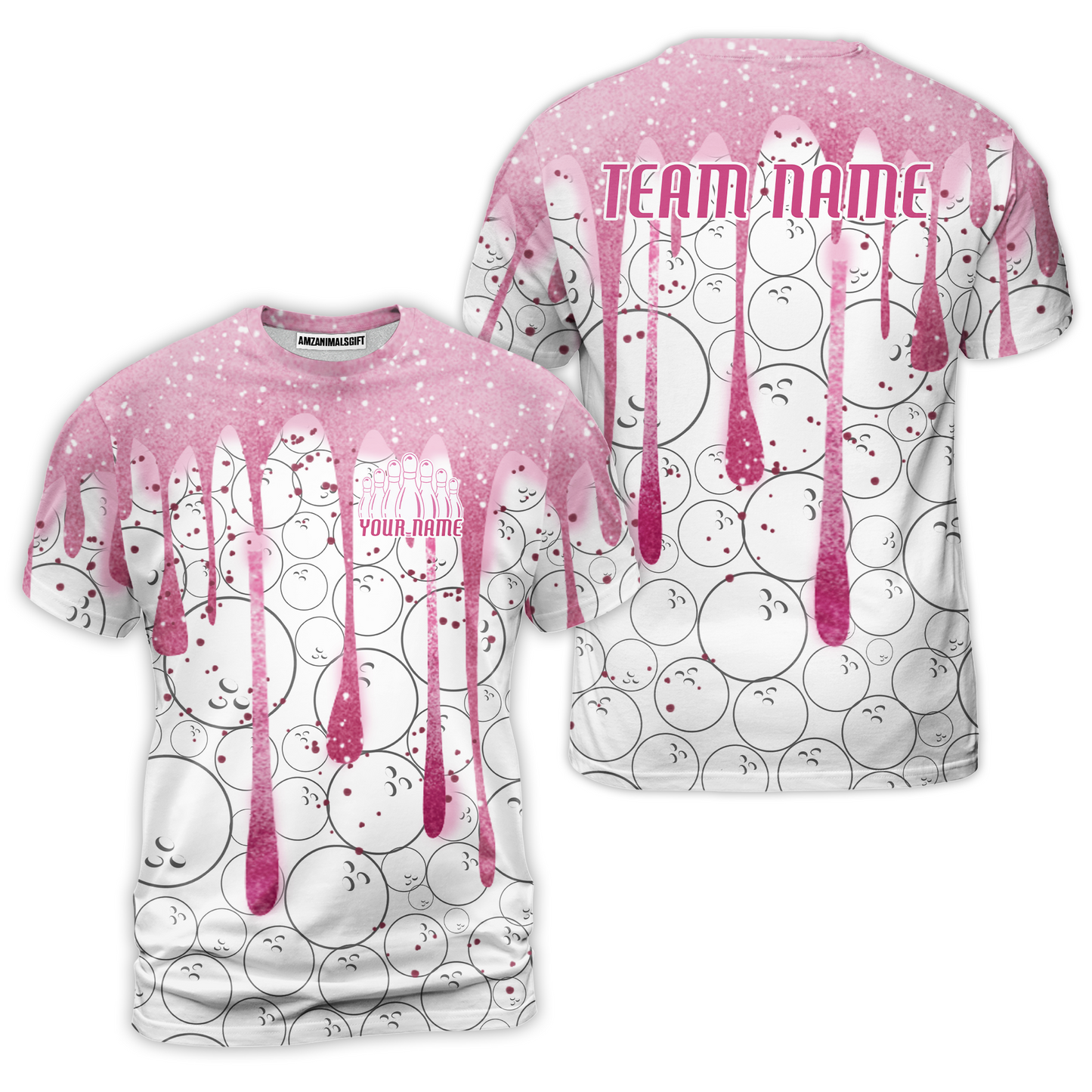 Custom Pink Glitter Bowling Team Women Polo Shirts, Custom Glitter Bowling Team Uniforms Jerseys, Bowling Ball Polo Personalized Name And Team Name