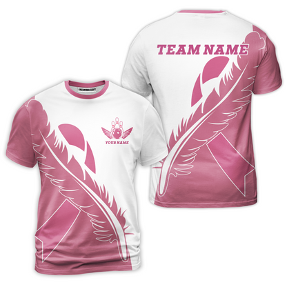 Feather Pink Ribbon Breast Cancer Custom Bowling Team Polo Shirts, Pink Ribbon Bowling Team Uniforms Jerseys, Personalized Name And Team Name