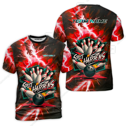 Customized Bowling Jersey, Dramatic Red And Black Lightning - Split Happens , Uniform Bowling - Personalized Name And Team Name