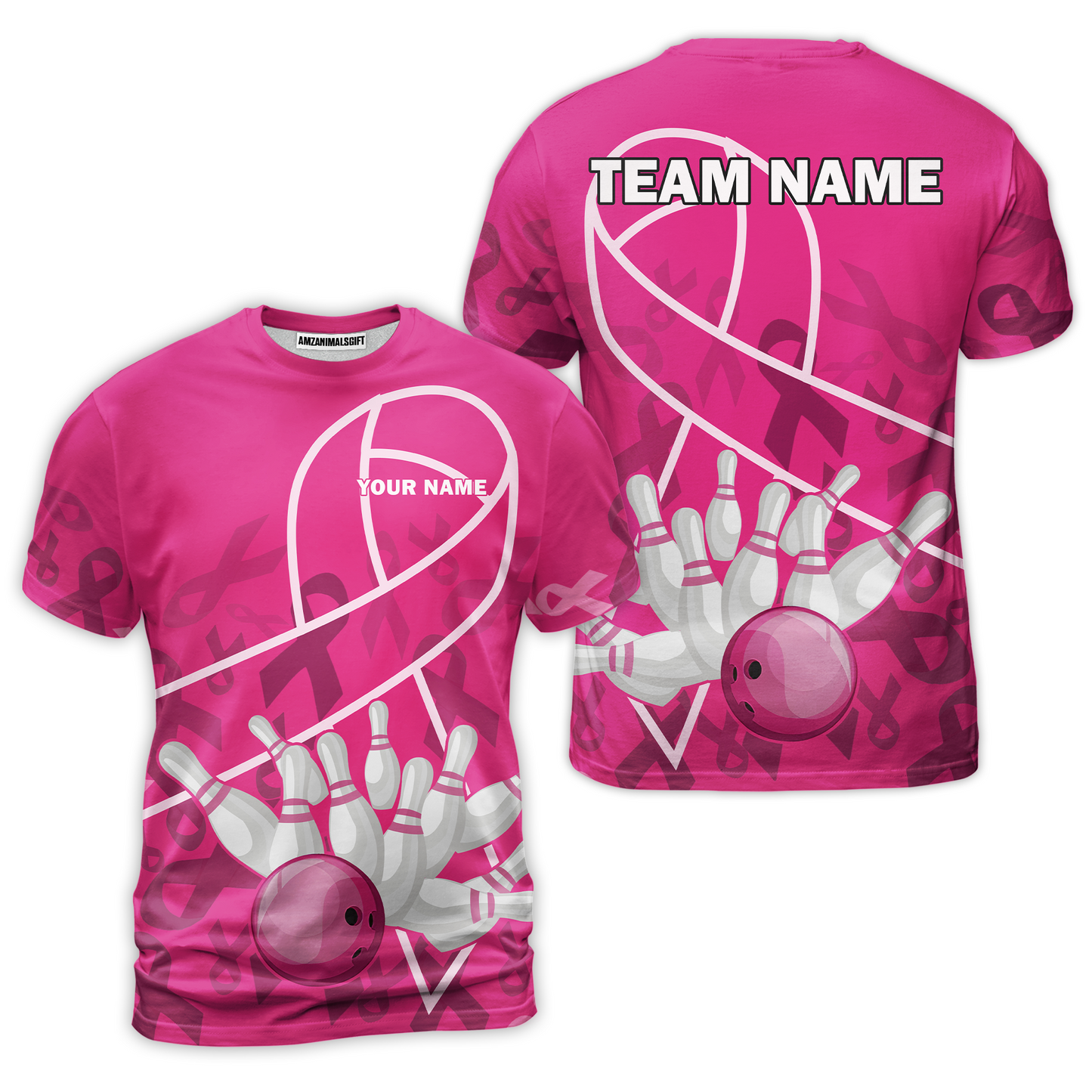 Custom Bowling Team Jerseys Polo Shirts for Breast Cancer Awareness, Bright Pink Bowling uniforms, pink bowling ball striking white pins Bowling Polo