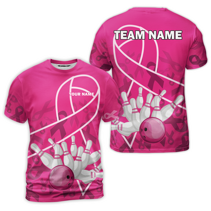 Custom Bowling Team Jerseys Polo Shirts for Breast Cancer Awareness, Bright Pink Bowling uniforms, pink bowling ball striking white pins Bowling Polo