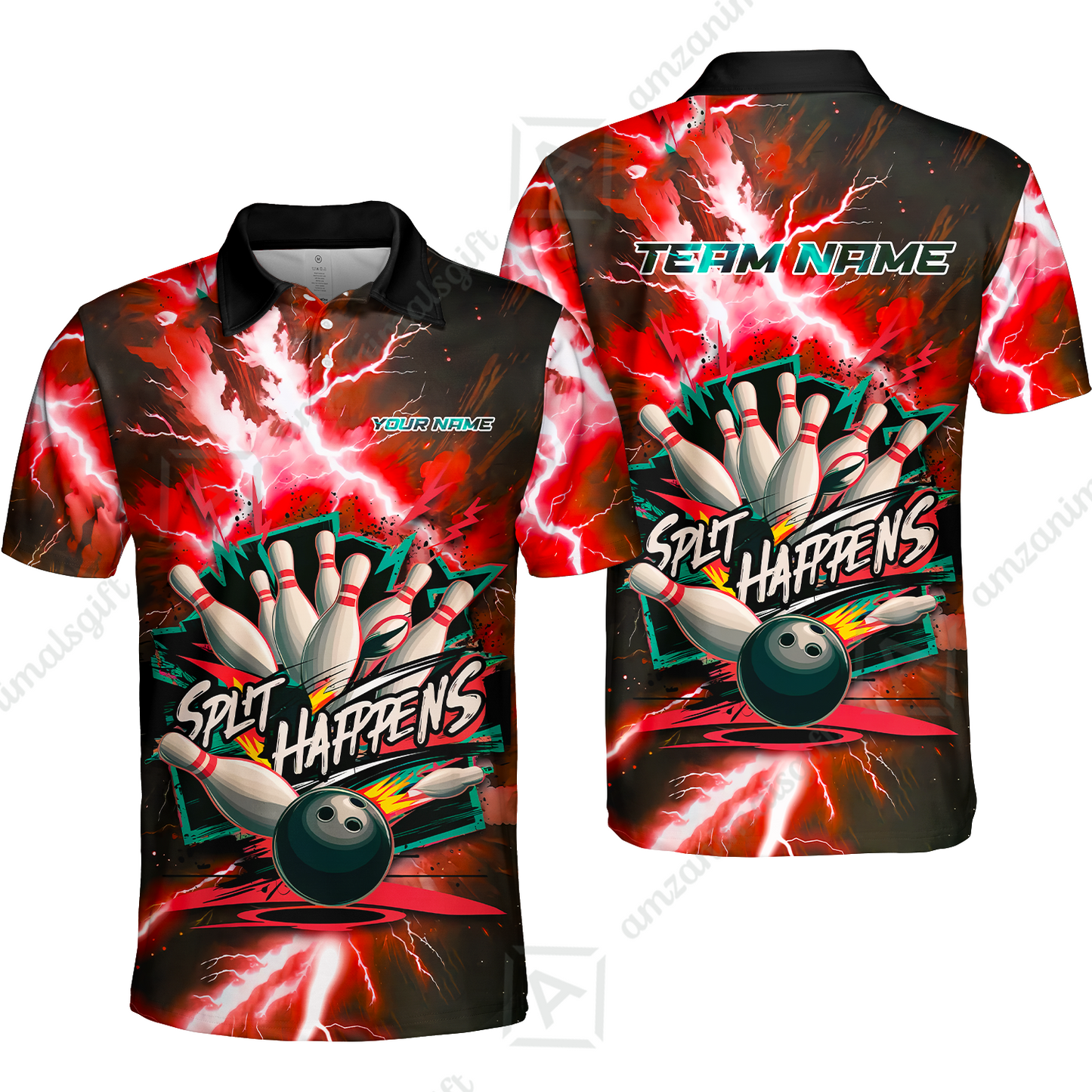 Customized Bowling Jersey, Dramatic Red And Black Lightning - Split Happens , Uniform Bowling - Personalized Name And Team Name