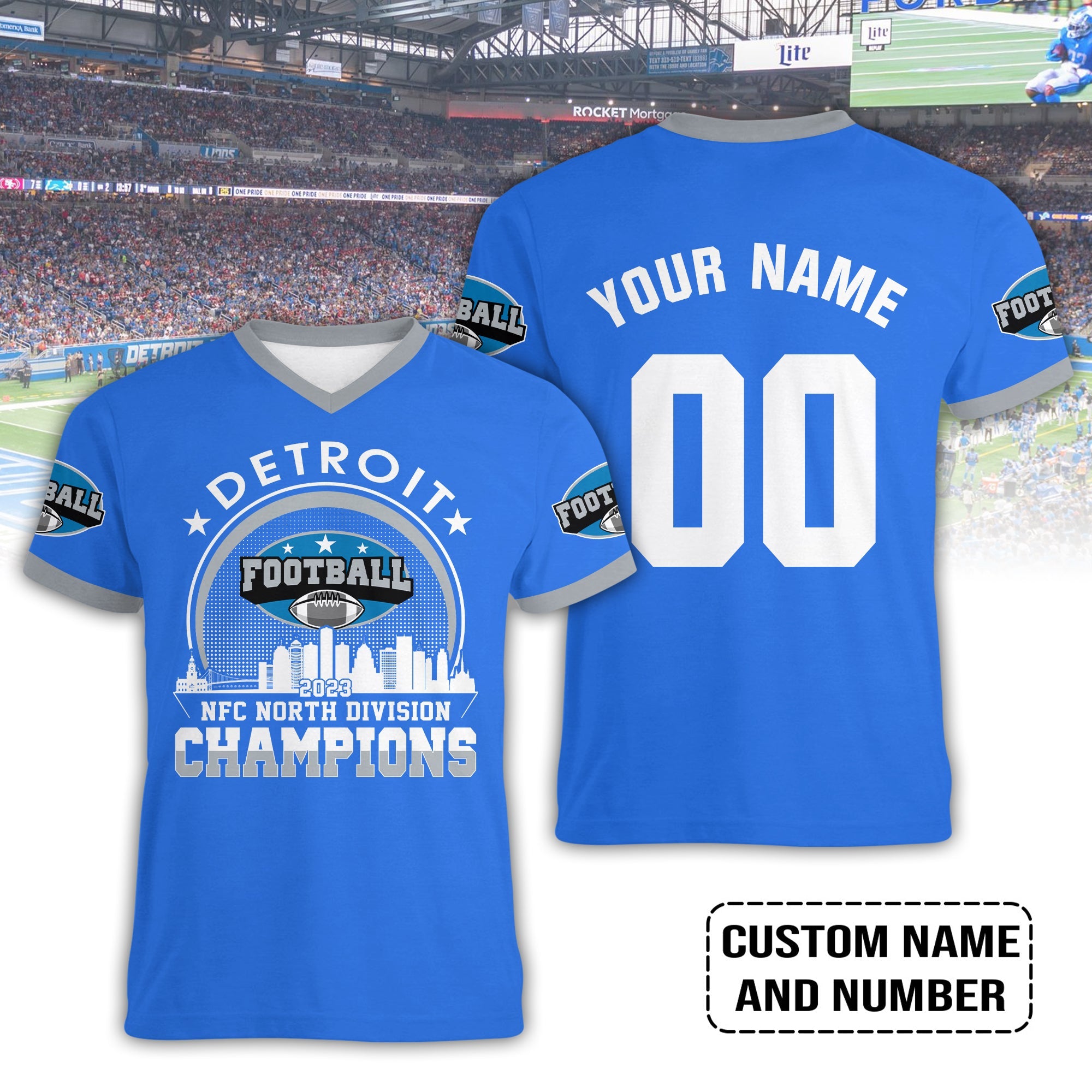 Detroit Football 2023 NFC North Champions Skyline Custom V-neck T-Shirts, Conquered The North Champs Custom Shirt, Detroit Football Fan Gifts