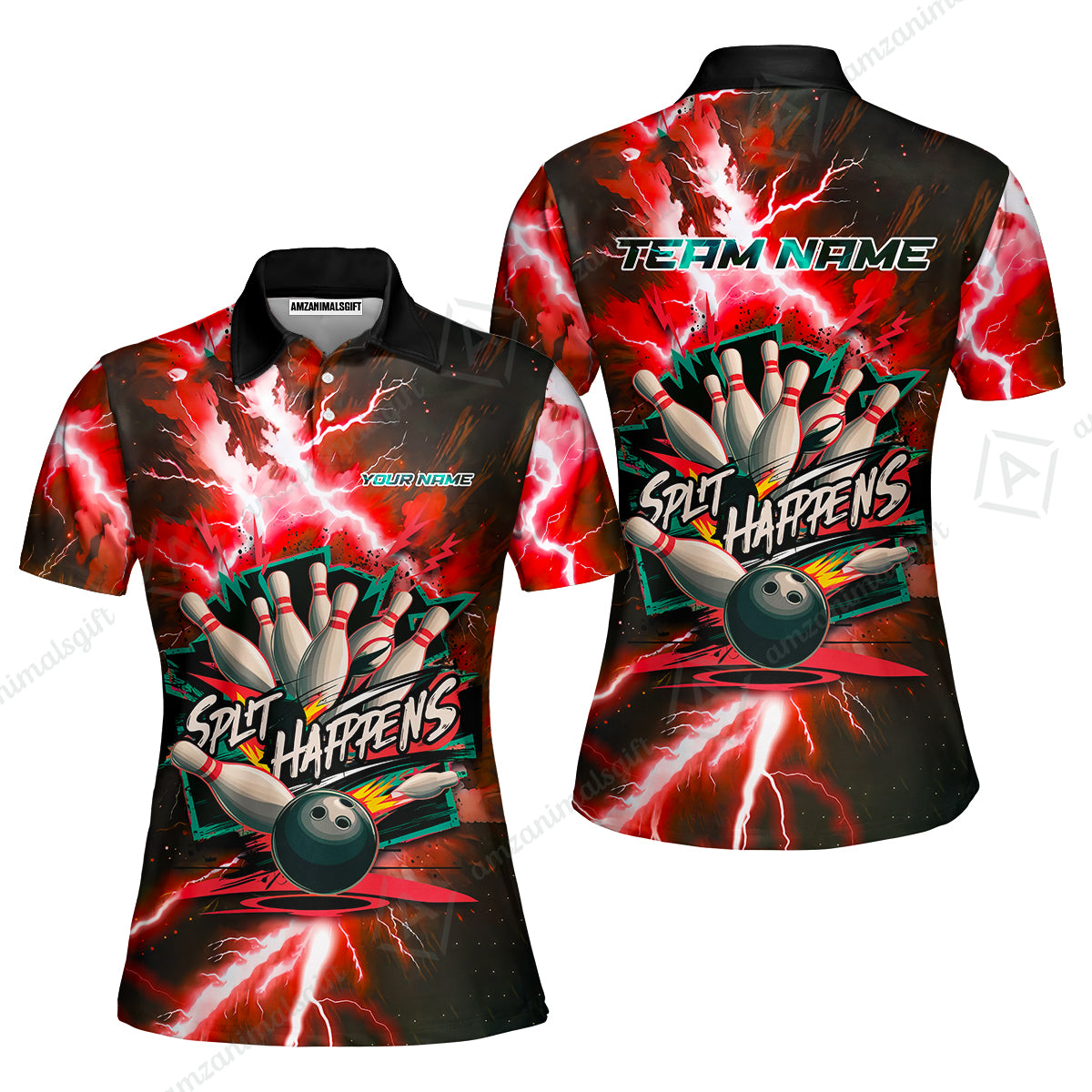Customized Bowling Jersey, Dramatic Red And Black Lightning - Split Happens , Uniform Bowling - Personalized Name And Team Name