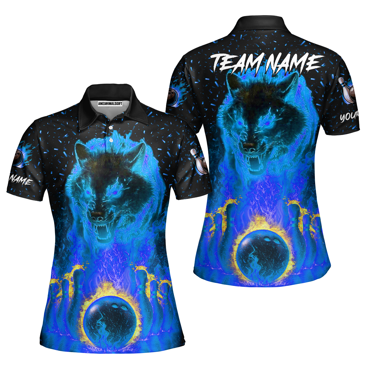 Customized Bowling Jersey, Glowing Wolf with Fiery Bowling Pins , Uniform Bowling - Personalized Name And Team Name