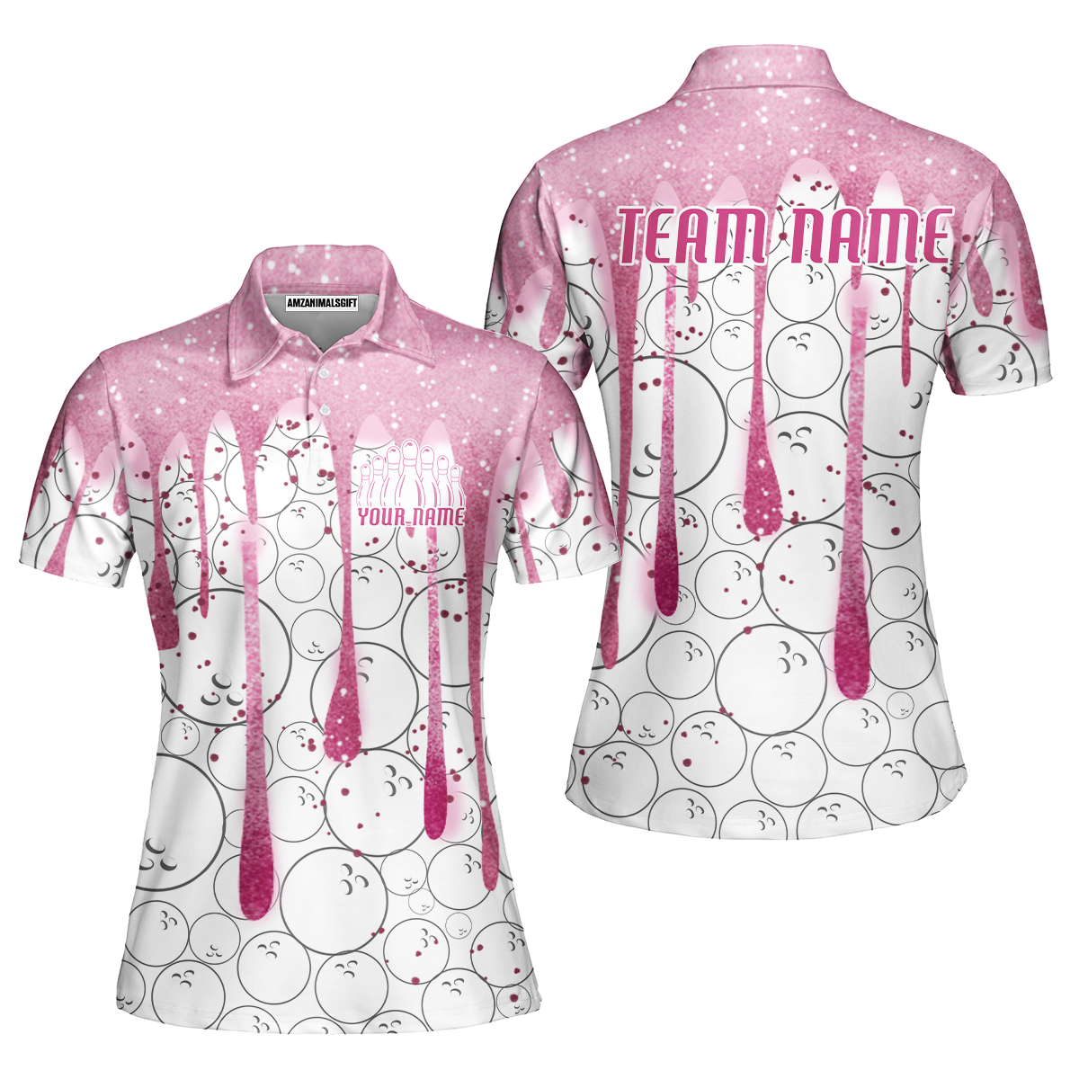 Custom Pink Glitter Bowling Team Women Polo Shirts, Custom Glitter Bowling Team Uniforms Jerseys, Bowling Ball Polo Personalized Name And Team Name