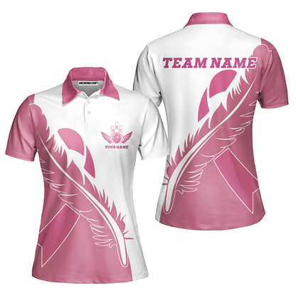 Feather Pink Ribbon Breast Cancer Custom Bowling Team Polo Shirts, Pink Ribbon Bowling Team Uniforms Jerseys, Personalized Name And Team Name