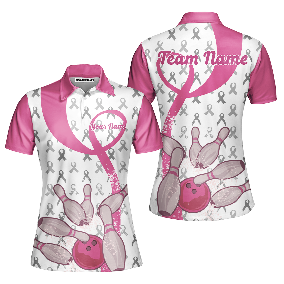 Pink Ribbon Breast Cancer Custom Bowling Team Polo Shirts, Pink Ribbon Bowling Team Uniforms Jerseys Personalized Name And Team Name