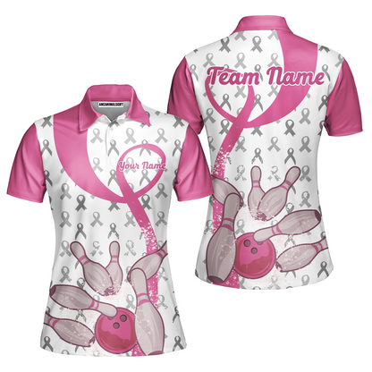 Pink Ribbon Breast Cancer Custom Bowling Team Polo Shirts, Pink Ribbon Bowling Team Uniforms Jerseys Personalized Name And Team Name
