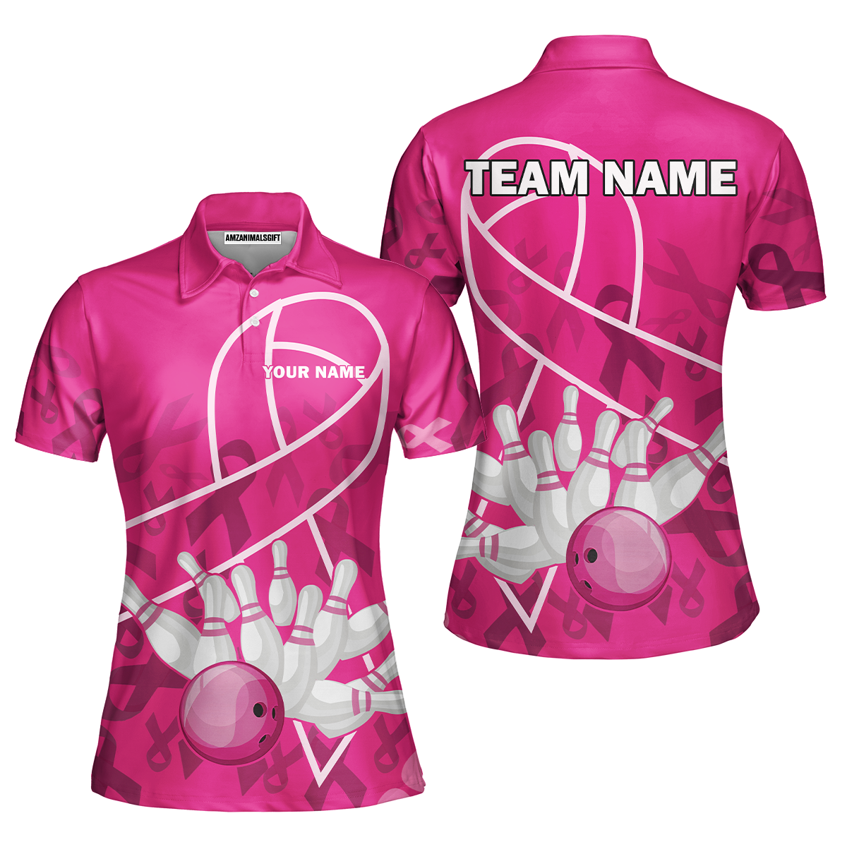 Custom Bowling Team Jerseys Polo Shirts for Breast Cancer Awareness, Bright Pink Bowling uniforms, pink bowling ball striking white pins Bowling Polo