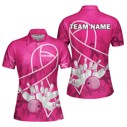 Custom Bowling Team Jerseys Polo Shirts for Breast Cancer Awareness, Bright Pink Bowling uniforms, pink bowling ball striking white pins Bowling Polo