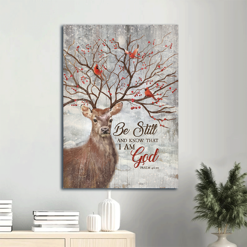 Jesus Portrait Canvas - Reindeer, Cardinal, God, Jesus, Psalm 46:10 - Portrait Canvas - Winter Forest, Be Still And Know That I Am God - Wall Decor Gift For Christian, Believer In Jesus