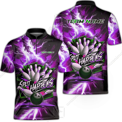 Custom Bowling Team Jersey, Split Happens - Electric Lightning, Bowling Uniforms, Personalize Name And Team Name