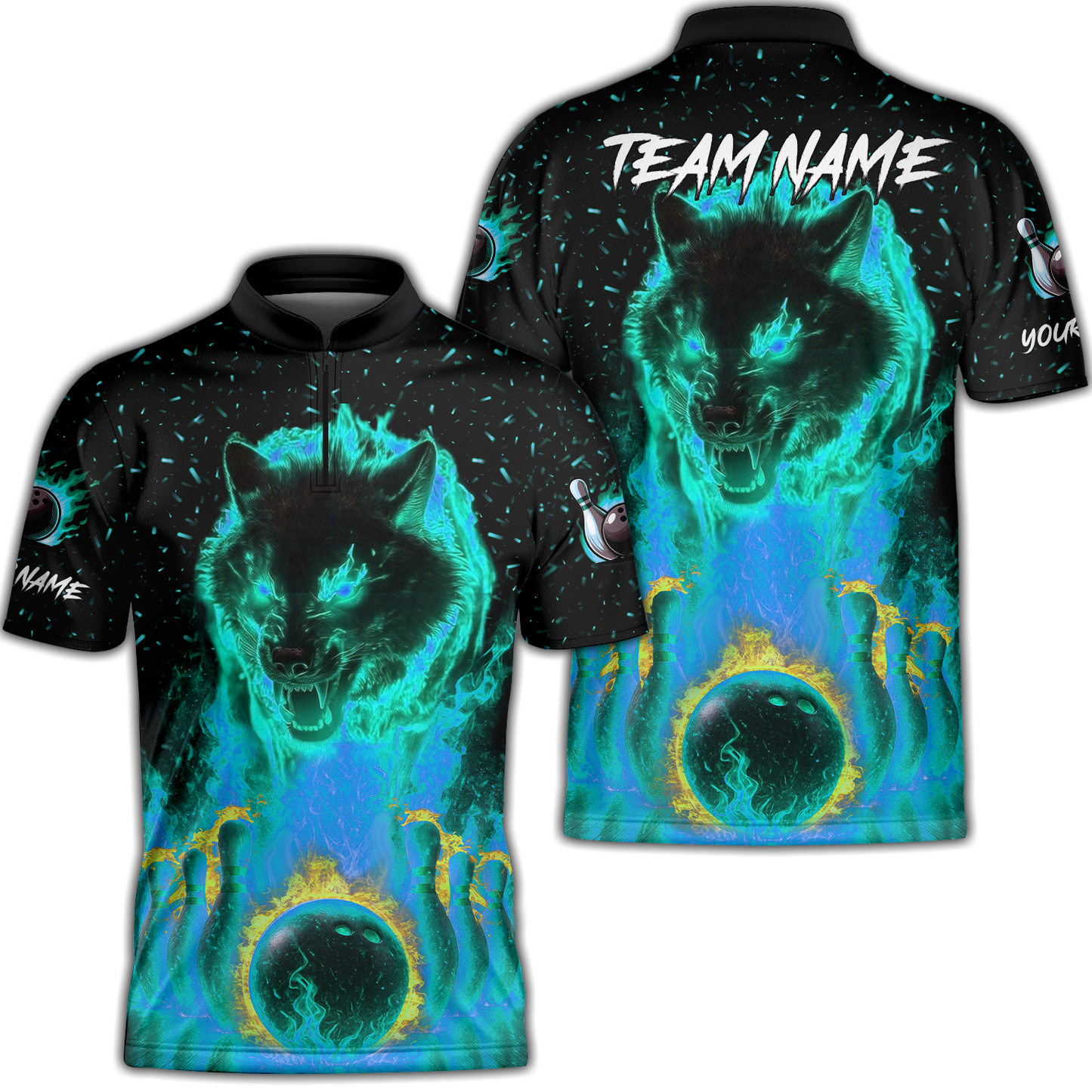Customized Bowling Jersey, Glowing Wolf with Fiery Bowling Pins , Uniform Bowling - Personalized Name And Team Name
