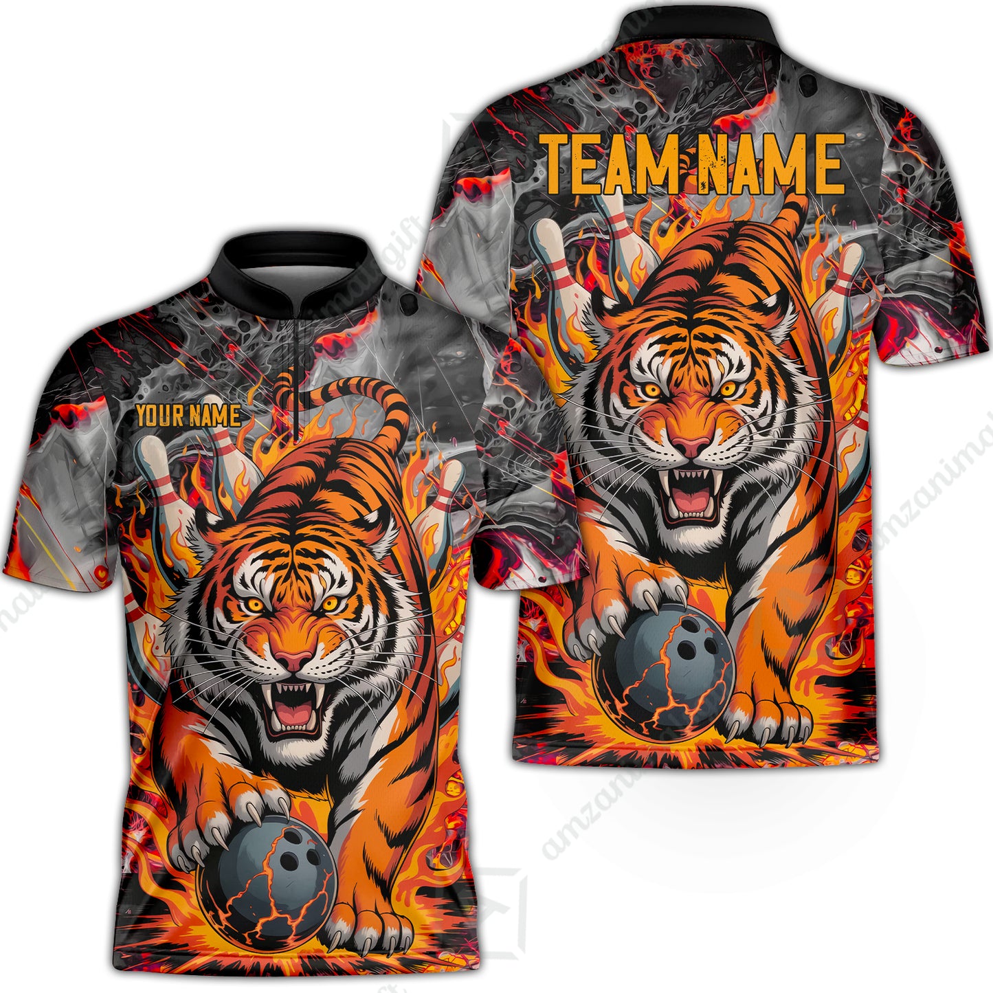 Custom Bowling Team Jersey, Tiger Gripping A Bowling Ball, Bowling Uniforms, Personalize Name And Team Name