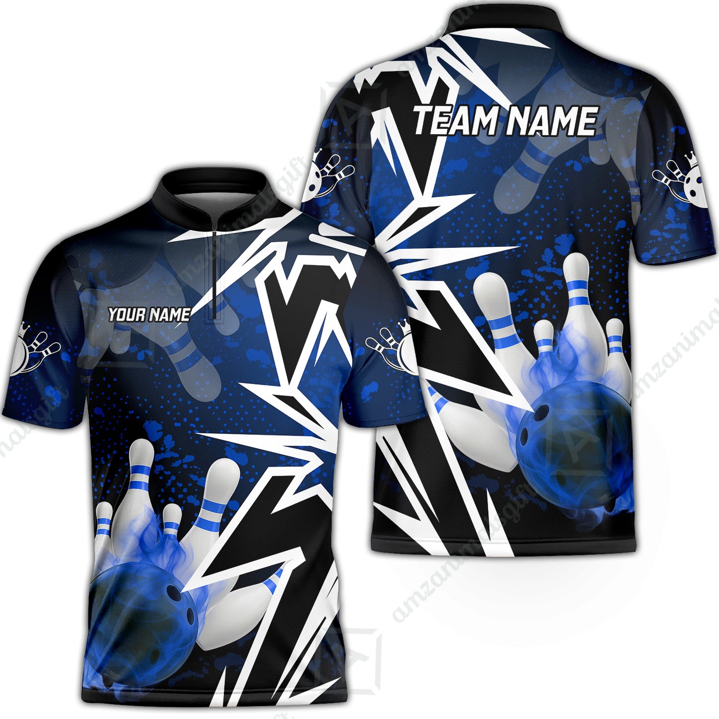 Customized Bowling Polo, Bowling And Pins Smoke Multicolor Option Customized Name And Team Zipper Polo Jerseys Shirts