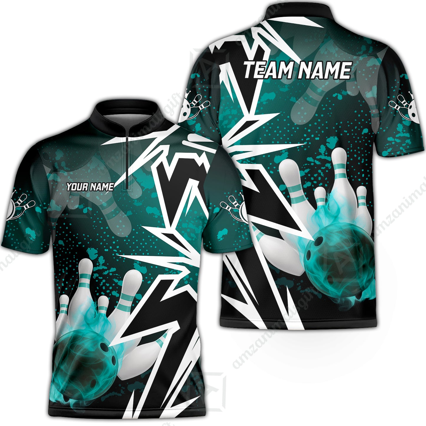 Customized Bowling Polo, Bowling And Pins Smoke Multicolor Option Customized Name And Team Zipper Polo Jerseys Shirts