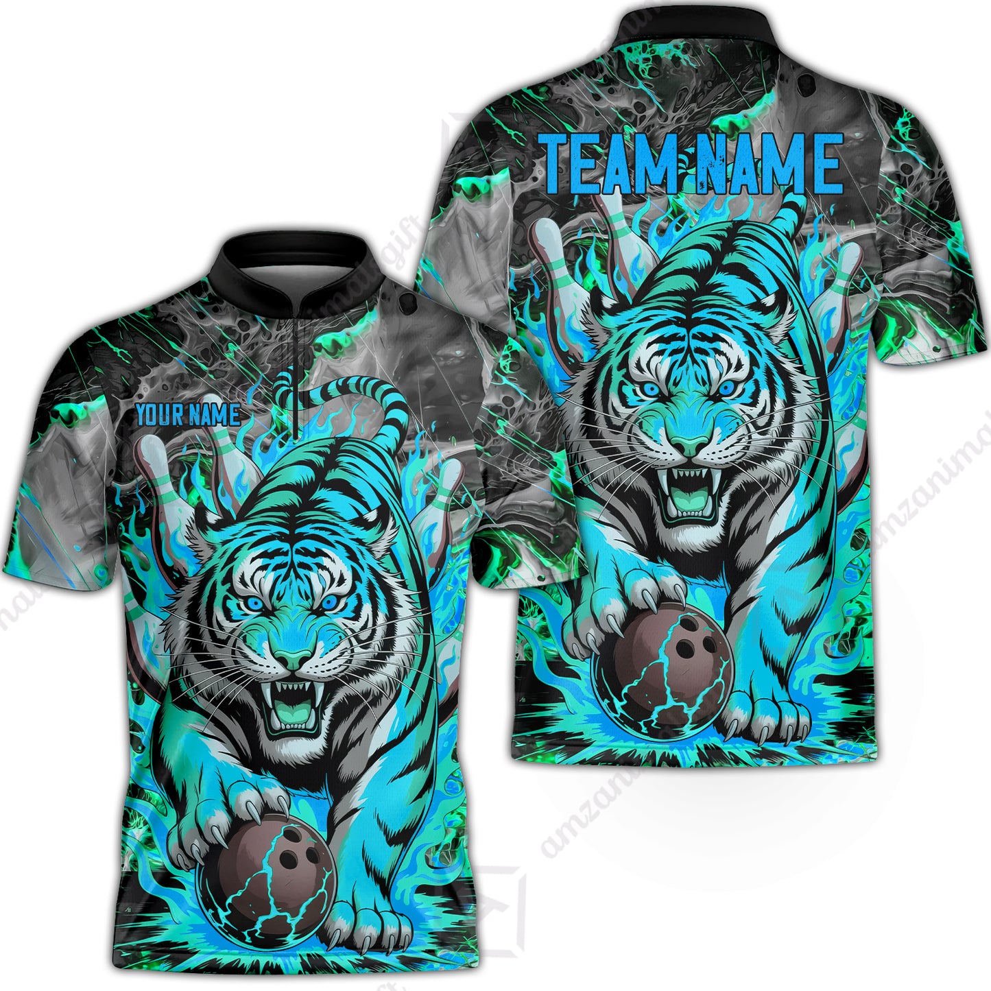 Custom Bowling Team Jersey, Tiger Gripping A Bowling Ball, Bowling Uniforms, Personalize Name And Team Name