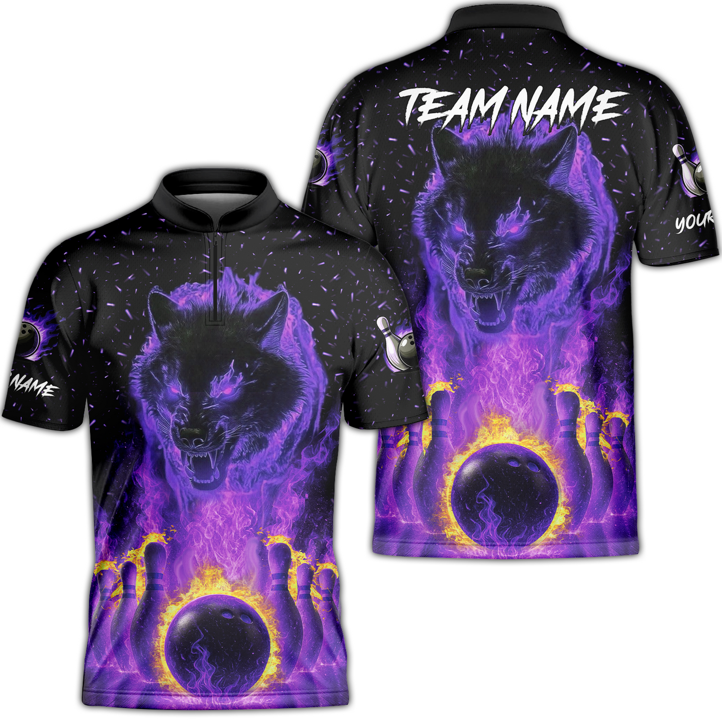 Customized Bowling Jersey, Glowing Wolf with Fiery Bowling Pins , Uniform Bowling - Personalized Name And Team Name