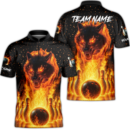 Customized Bowling Jersey, Glowing Wolf with Fiery Bowling Pins , Uniform Bowling - Personalized Name And Team Name