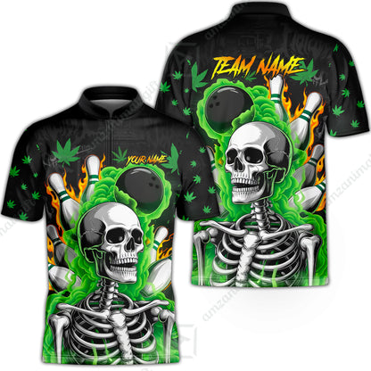 Customized Bowling Jersey, Maple Leaves With Skeleton And Flame Pins, Uniform Bowling - Personalized Name And Team Name