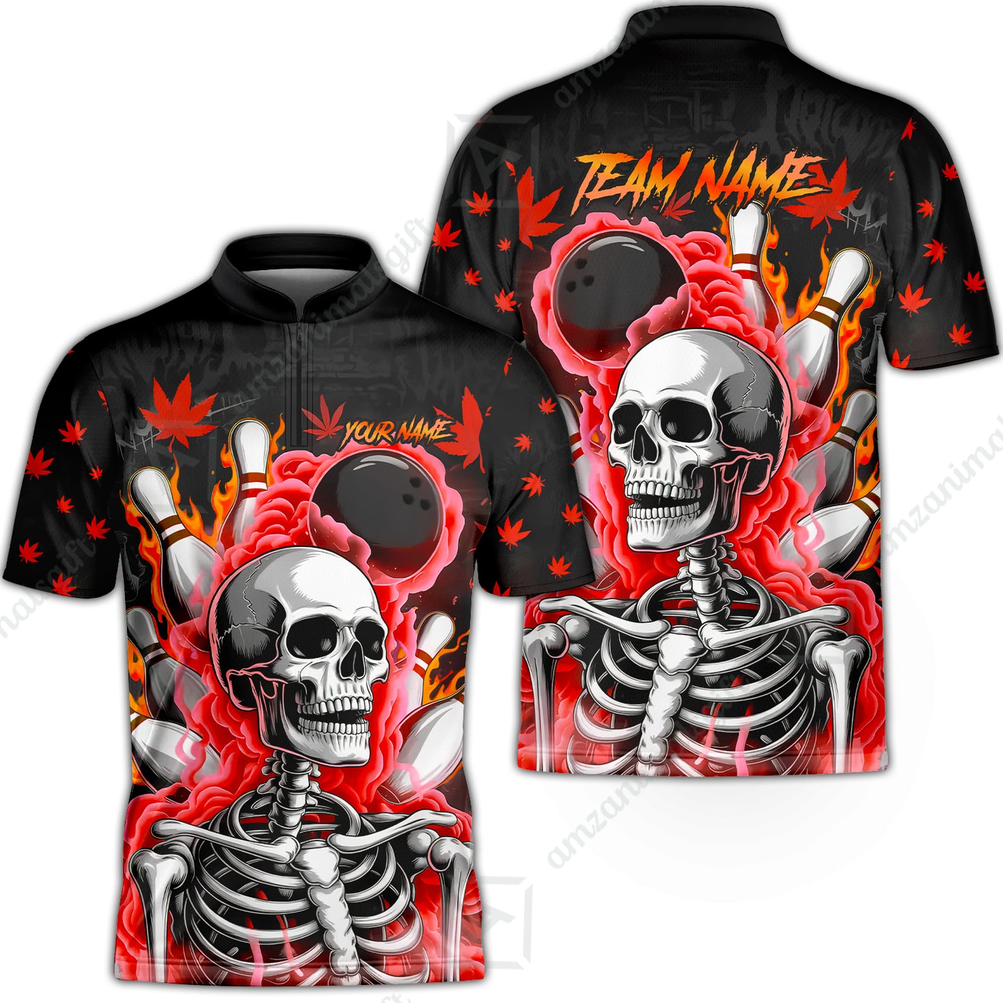 Customized Bowling Jersey, Maple Leaves With Skeleton And Flame Pins, Uniform Bowling - Personalized Name And Team Name