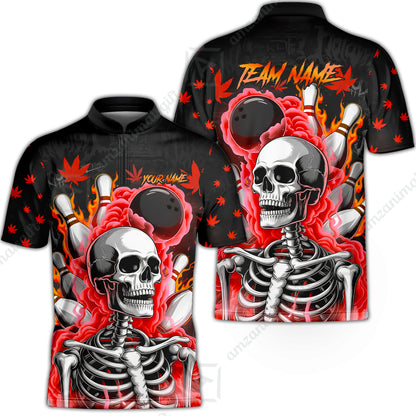 Customized Bowling Jersey, Maple Leaves With Skeleton And Flame Pins, Uniform Bowling - Personalized Name And Team Name