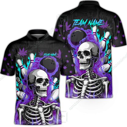 Customized Bowling Jersey, Maple Leaves With Skeleton And Flame Pins, Uniform Bowling - Personalized Name And Team Name
