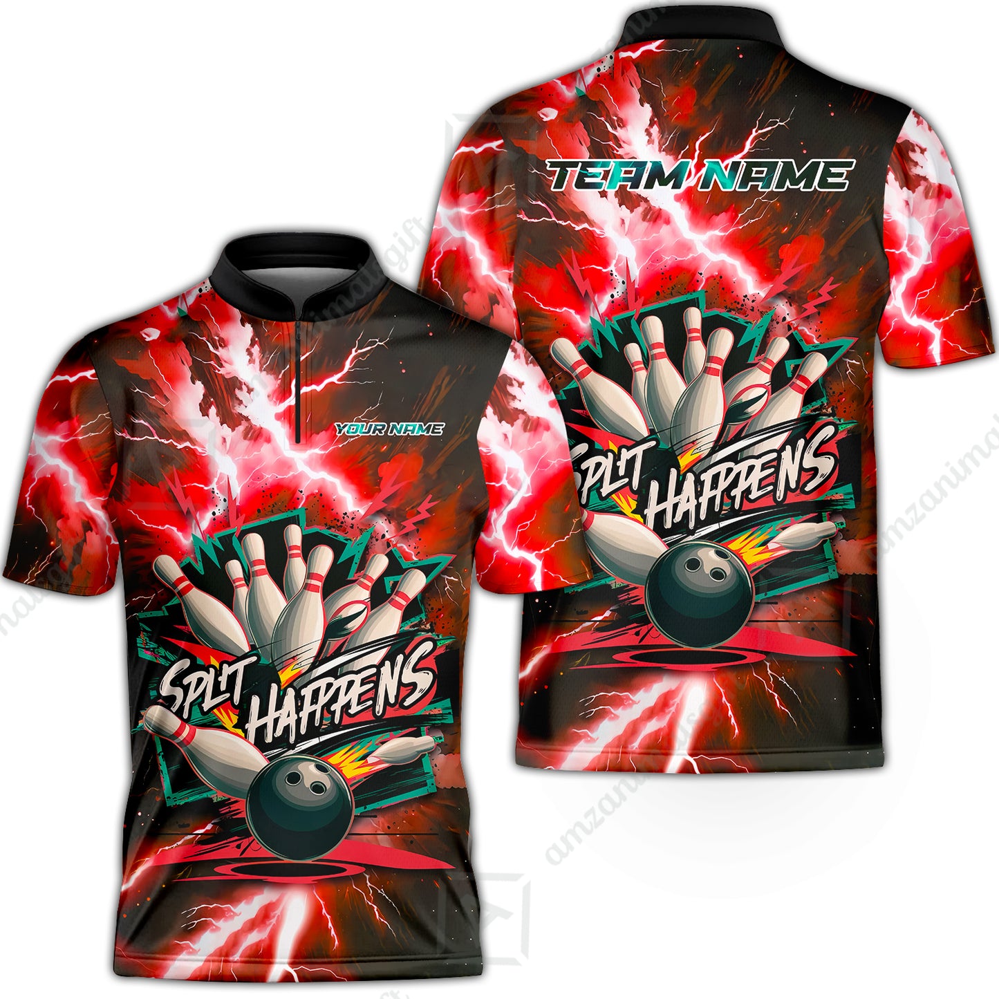 Custom Bowling Team Jersey, Split Happens - Electric Lightning, Bowling Uniforms, Personalize Name And Team Name