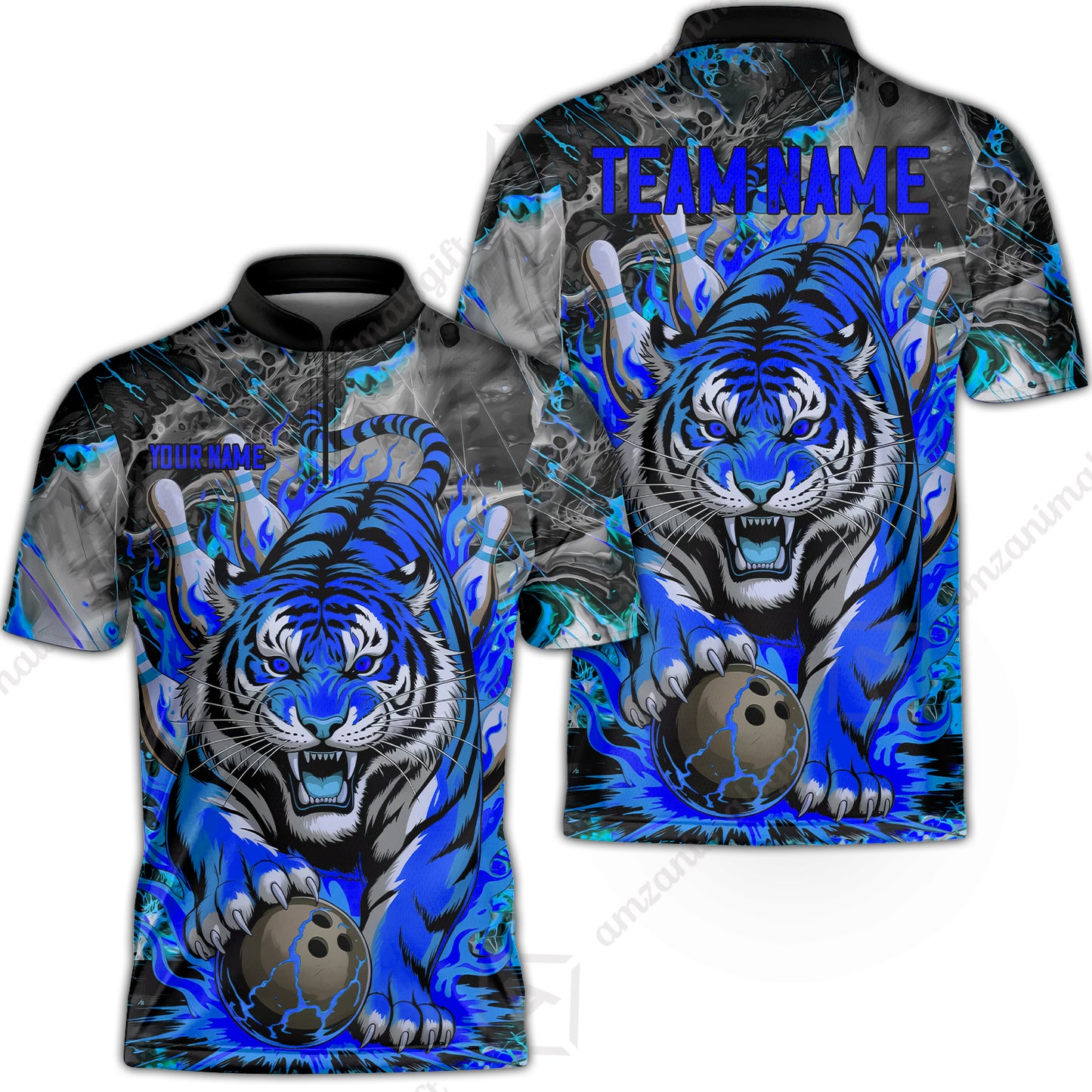 Custom Bowling Team Jersey, Tiger Gripping A Bowling Ball, Bowling Uniforms, Personalize Name And Team Name