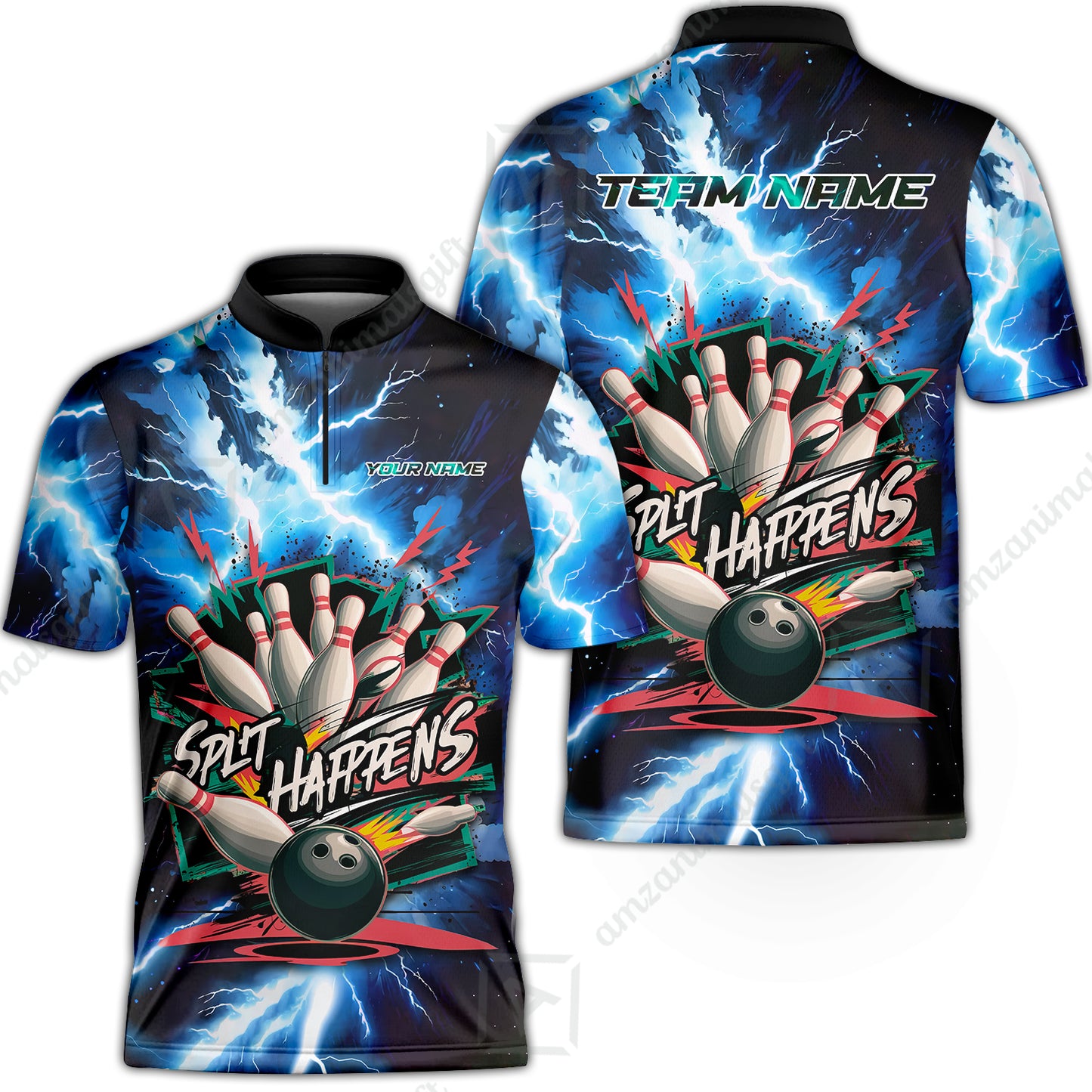 Custom Bowling Team Jersey, Split Happens - Electric Lightning, Bowling Uniforms, Personalize Name And Team Name