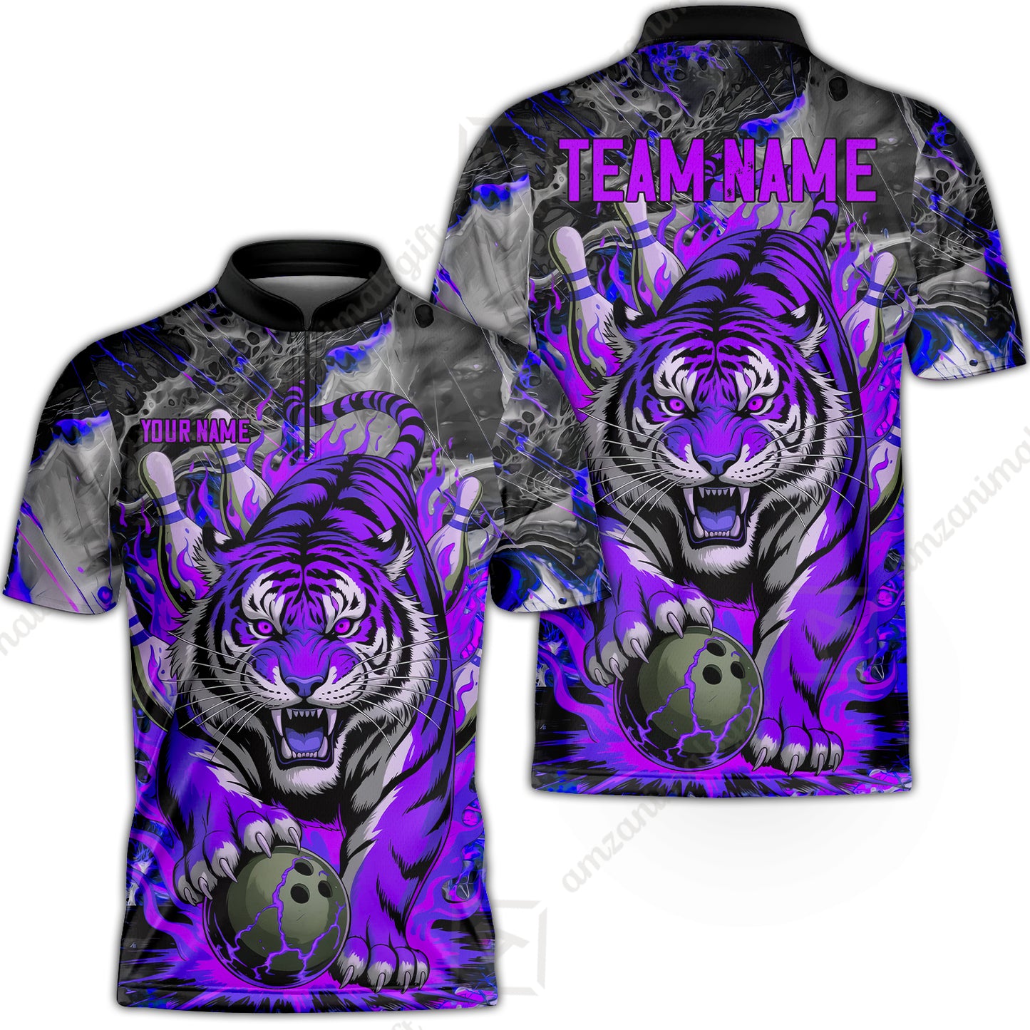Custom Bowling Team Jersey, Tiger Gripping A Bowling Ball, Bowling Uniforms, Personalize Name And Team Name