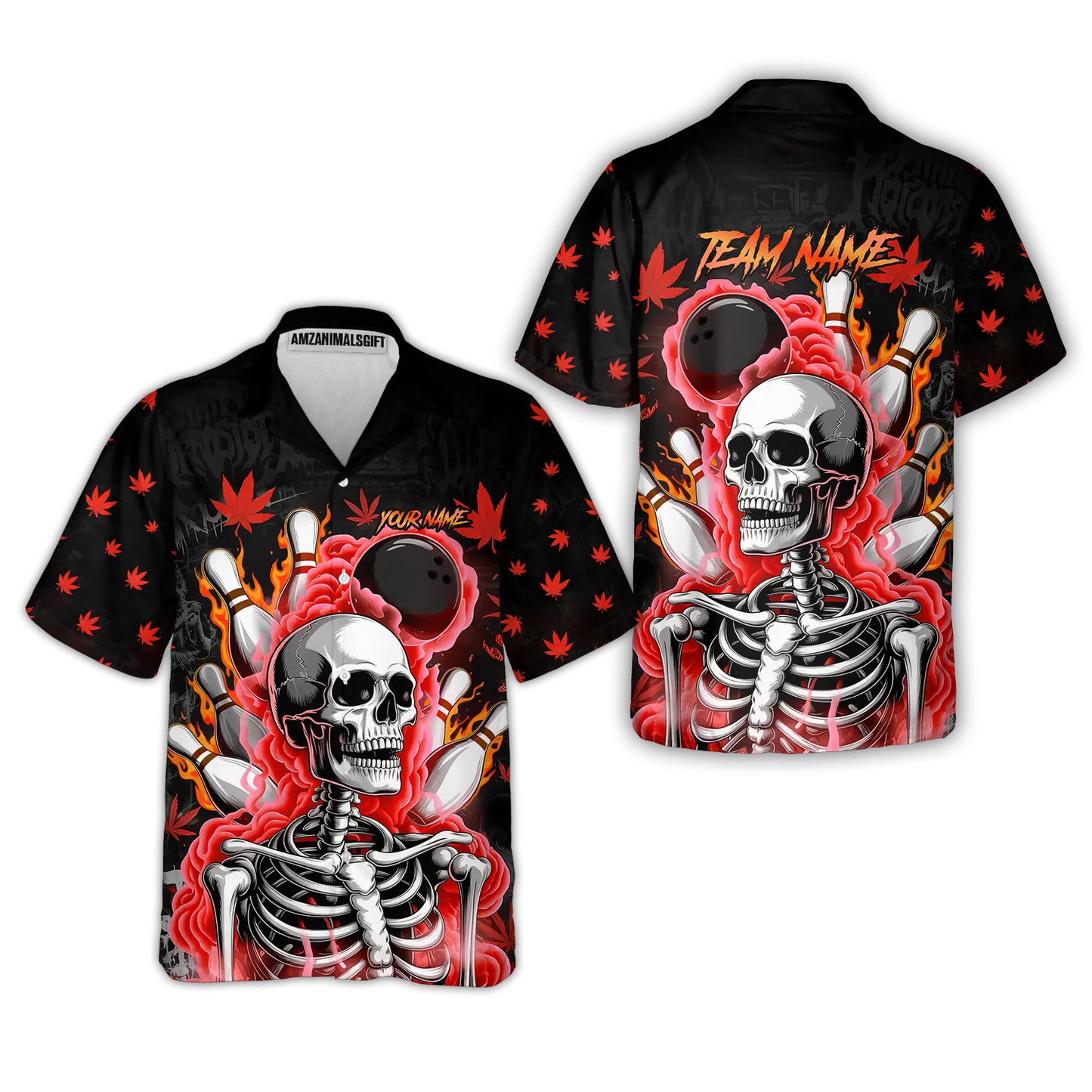 Customized Bowling Jersey, Maple Leaves With Skeleton And Flame Pins, Uniform Bowling - Personalized Name And Team Name