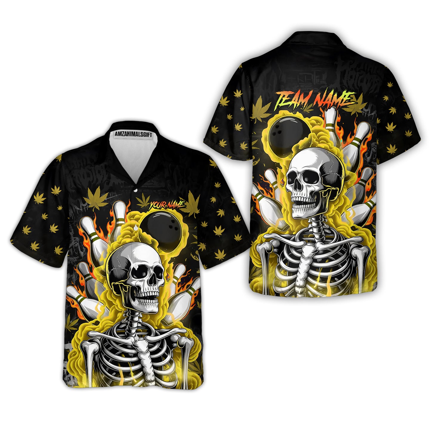 Customized Bowling Jersey, Maple Leaves With Skeleton And Flame Pins, Uniform Bowling - Personalized Name And Team Name