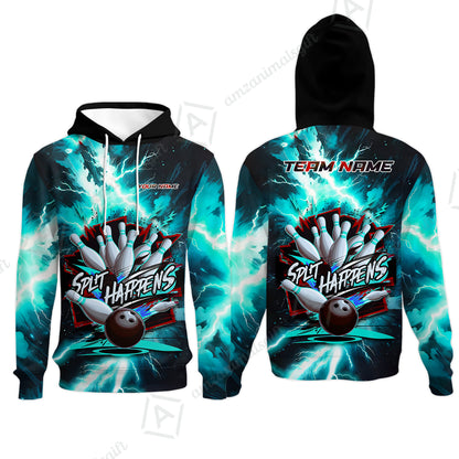 Custom Bowling Team Jersey, Split Happens - Electric Lightning, Bowling Uniforms, Personalize Name And Team Name