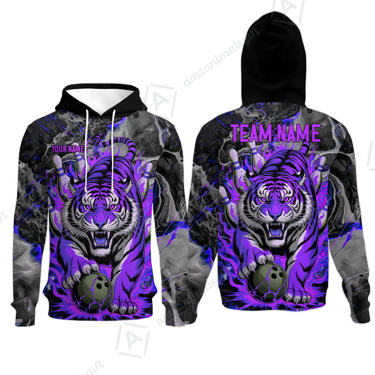 Custom Bowling Team Jersey, Tiger Gripping A Bowling Ball, Bowling Uniforms, Personalize Name And Team Name