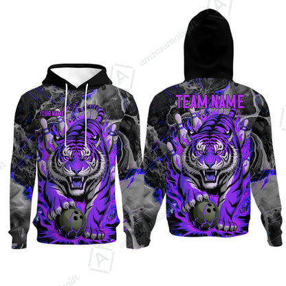 Custom Bowling Team Jersey, Tiger Gripping A Bowling Ball, Bowling Uniforms, Personalize Name And Team Name