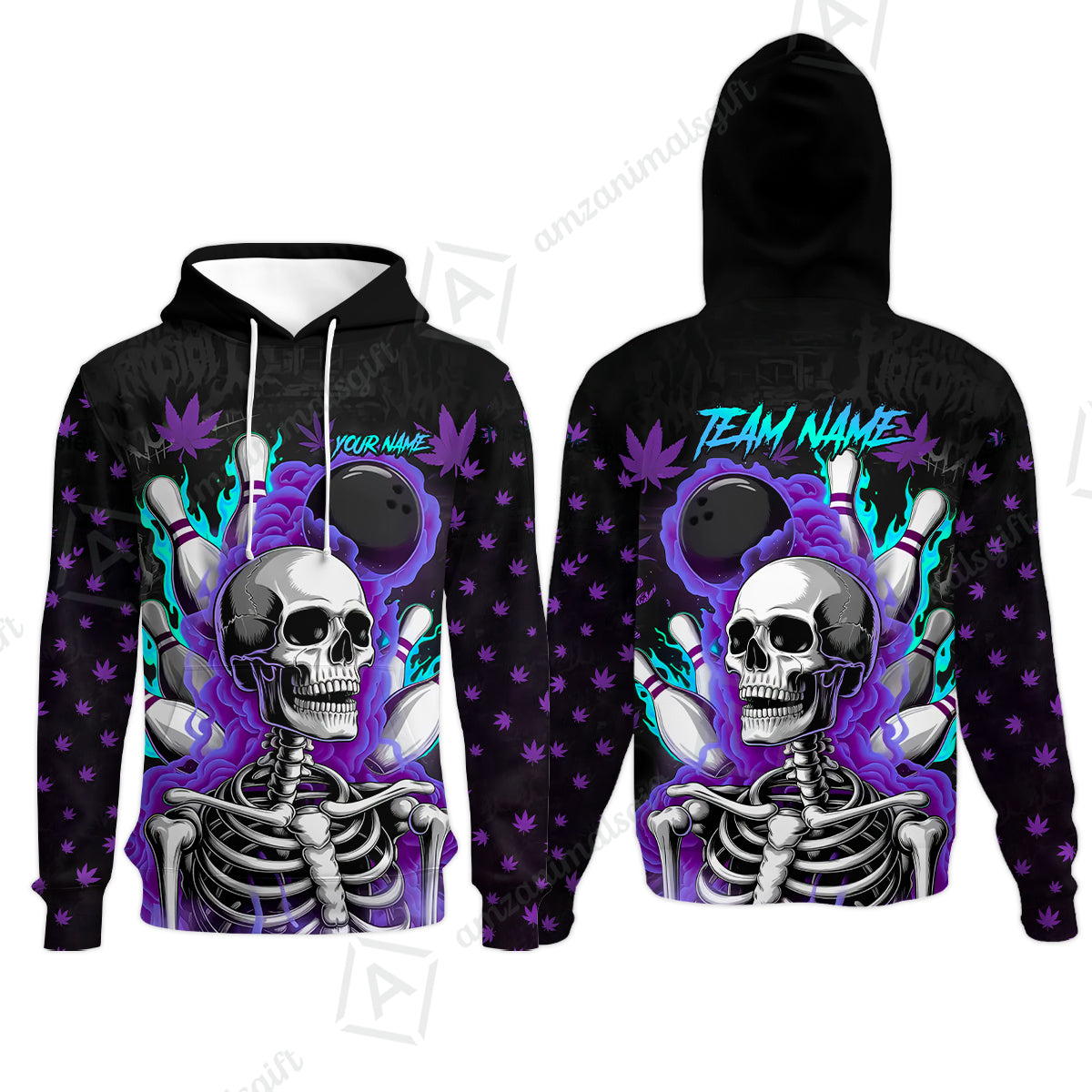 Customized Bowling Jersey, Maple Leaves With Skeleton And Flame Pins, Uniform Bowling - Personalized Name And Team Name