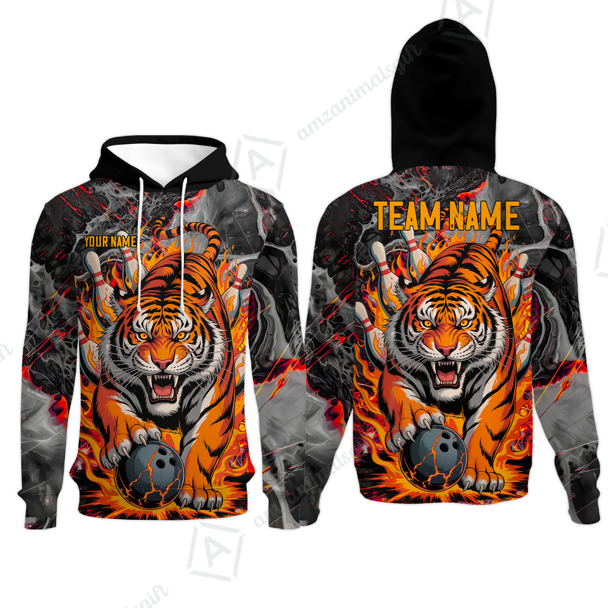 Custom Bowling Team Jersey, Tiger Gripping A Bowling Ball, Bowling Uniforms, Personalize Name And Team Name