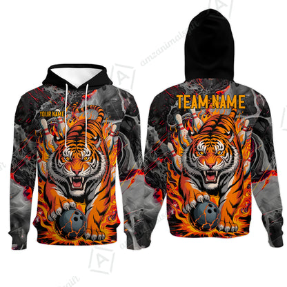 Custom Bowling Team Jersey, Tiger Gripping A Bowling Ball, Bowling Uniforms, Personalize Name And Team Name
