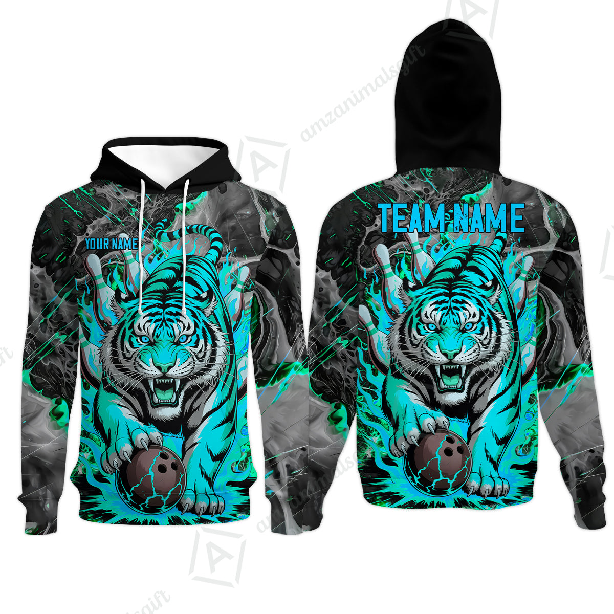 Custom Bowling Team Jersey, Tiger Gripping A Bowling Ball, Bowling Uniforms, Personalize Name And Team Name