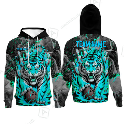 Custom Bowling Team Jersey, Tiger Gripping A Bowling Ball, Bowling Uniforms, Personalize Name And Team Name