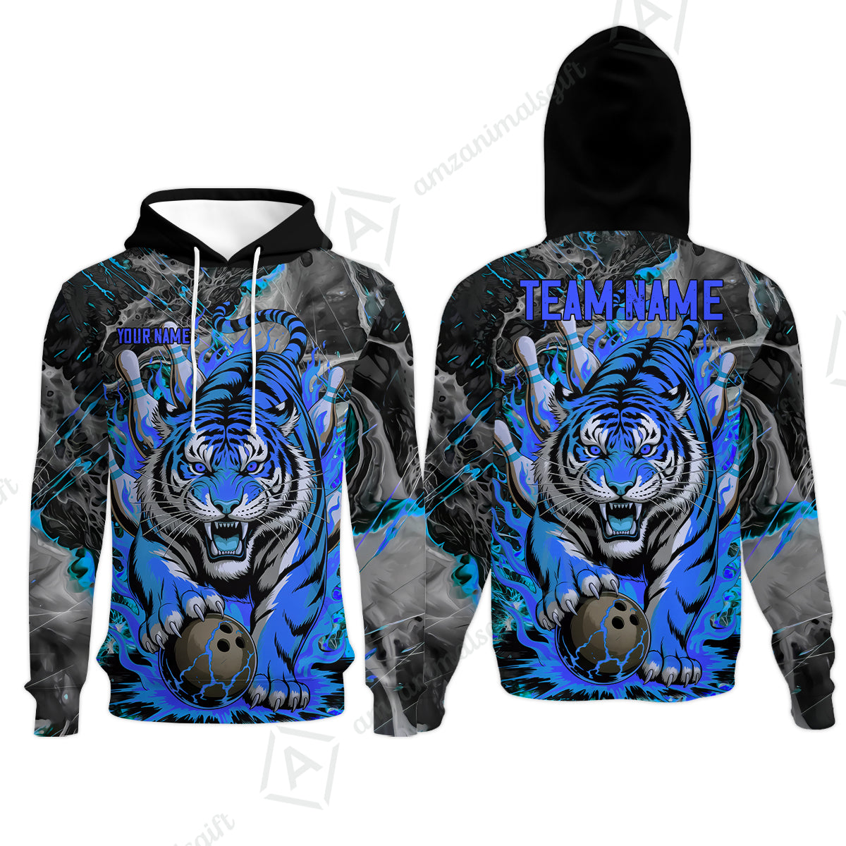 Custom Bowling Team Jersey, Tiger Gripping A Bowling Ball, Bowling Uniforms, Personalize Name And Team Name