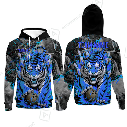 Custom Bowling Team Jersey, Tiger Gripping A Bowling Ball, Bowling Uniforms, Personalize Name And Team Name