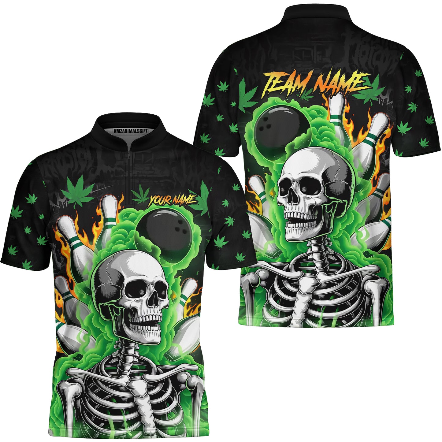 Customized Bowling Jersey, Maple Leaves With Skeleton And Flame Pins, Uniform Bowling - Personalized Name And Team Name