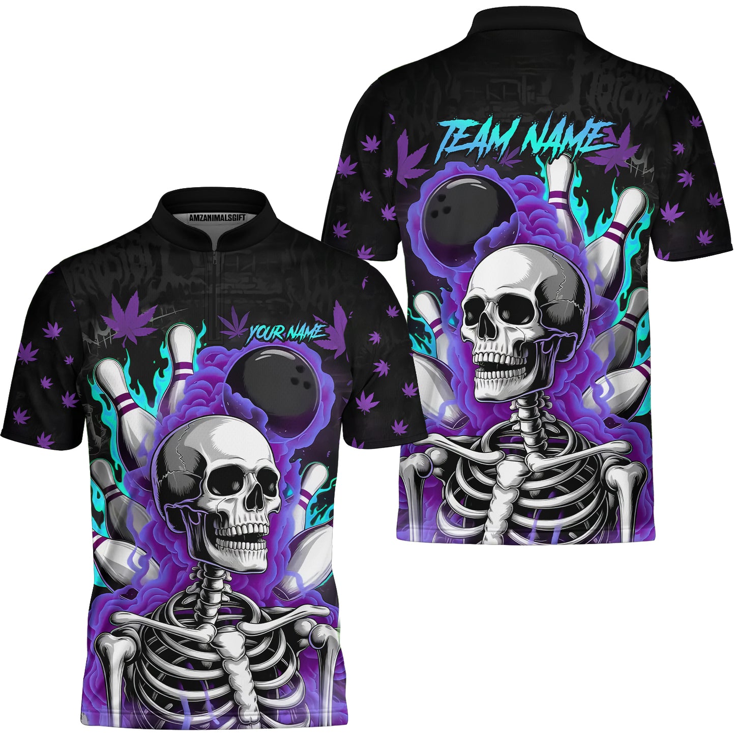 Customized Bowling Jersey, Maple Leaves With Skeleton And Flame Pins, Uniform Bowling - Personalized Name And Team Name
