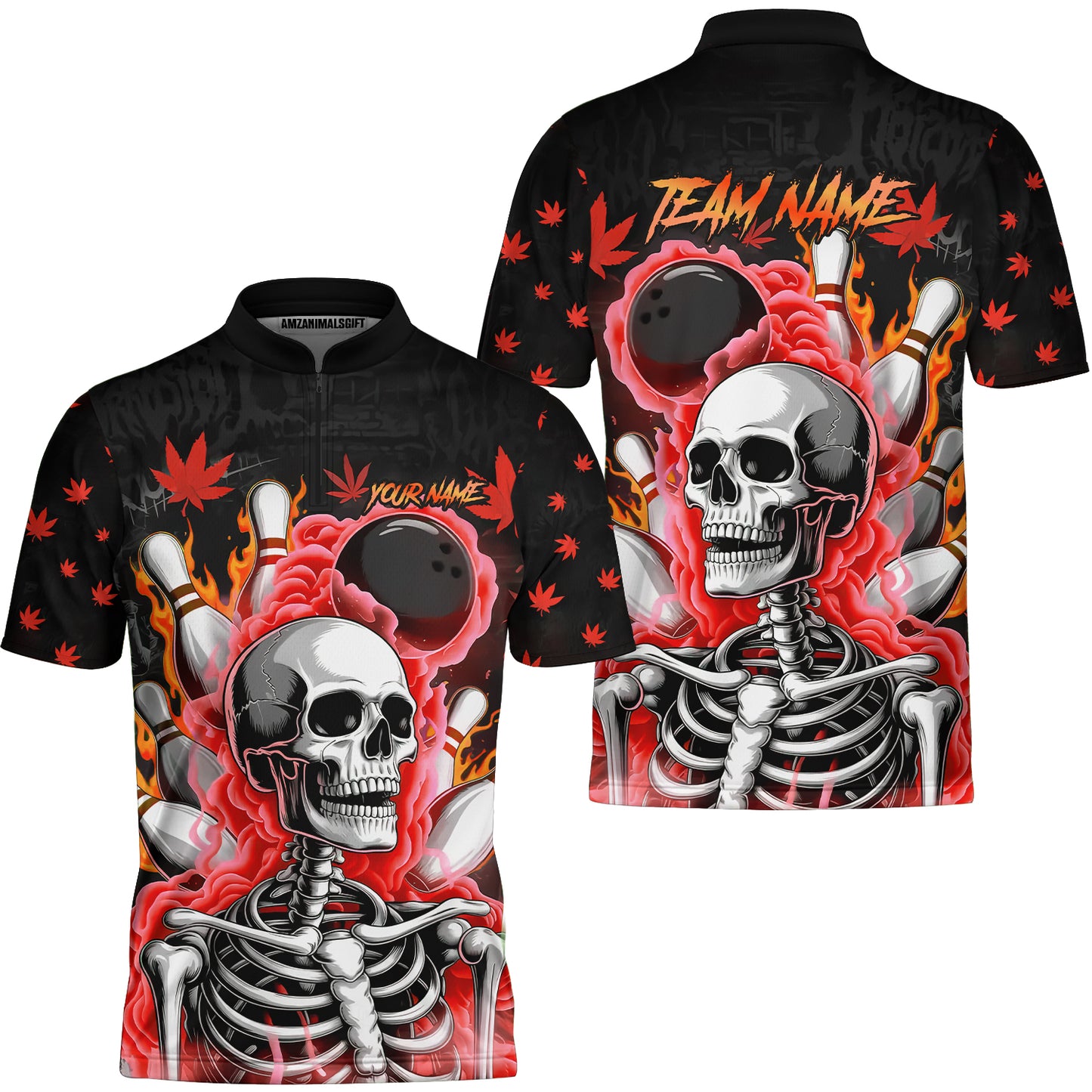 Customized Bowling Jersey, Maple Leaves With Skeleton And Flame Pins, Uniform Bowling - Personalized Name And Team Name