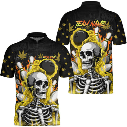Customized Bowling Jersey, Maple Leaves With Skeleton And Flame Pins, Uniform Bowling - Personalized Name And Team Name