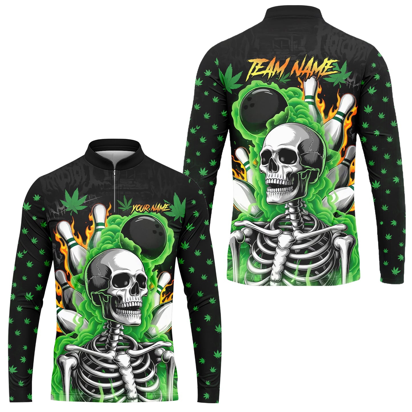 Customized Bowling Jersey, Maple Leaves With Skeleton And Flame Pins, Uniform Bowling - Personalized Name And Team Name