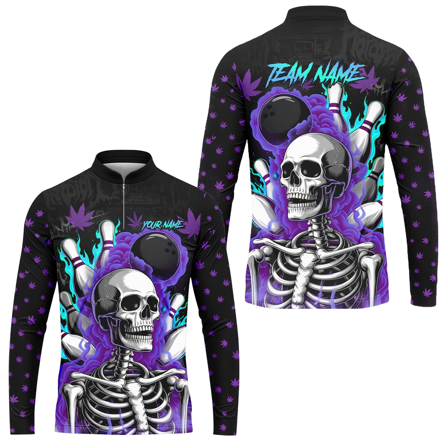 Customized Bowling Jersey, Maple Leaves With Skeleton And Flame Pins, Uniform Bowling - Personalized Name And Team Name